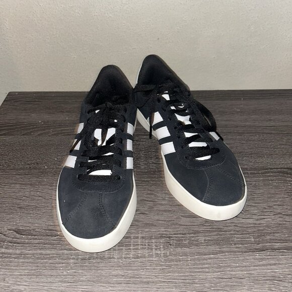 adidas VL Court 3.0 Black Suede 3 White Striped Low Top Sneakers Womens Size 8.5 - Picture 3 of 7